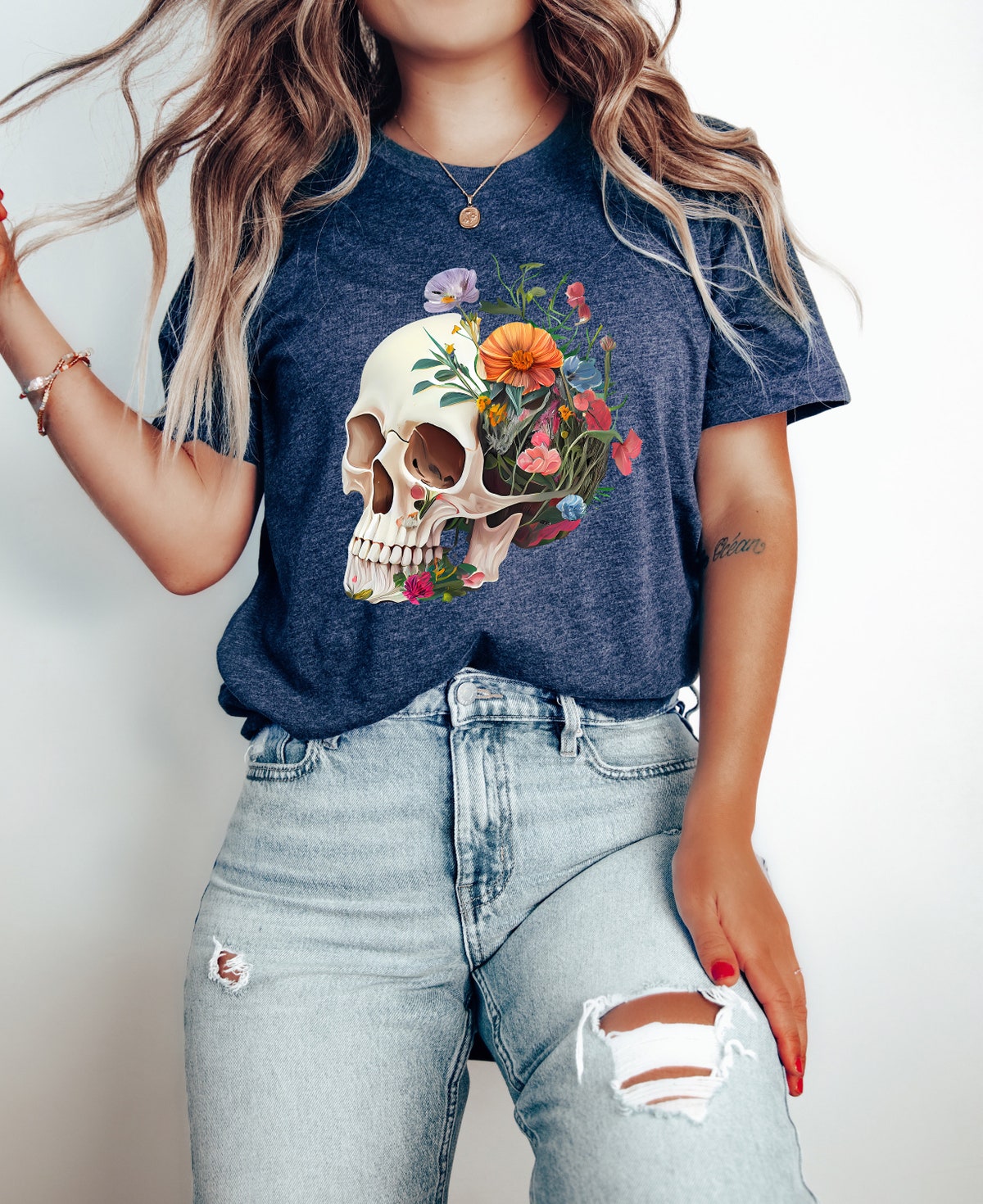 Anatomical Brain T-shirt, Women’s Floral Skull Nurse Shirt, Gothic Skeleton Design