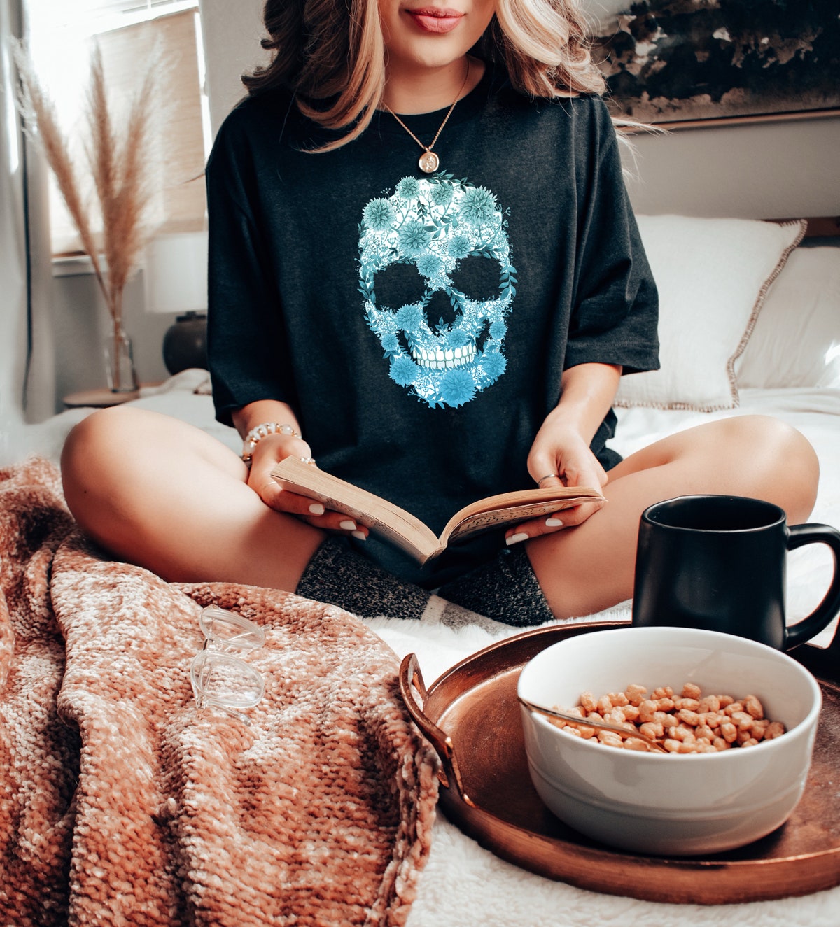 Blue Bloom Skull Shirt, Halloween Floral Skeleton T-Shirt, Womens Fall Boho Graphic Tee