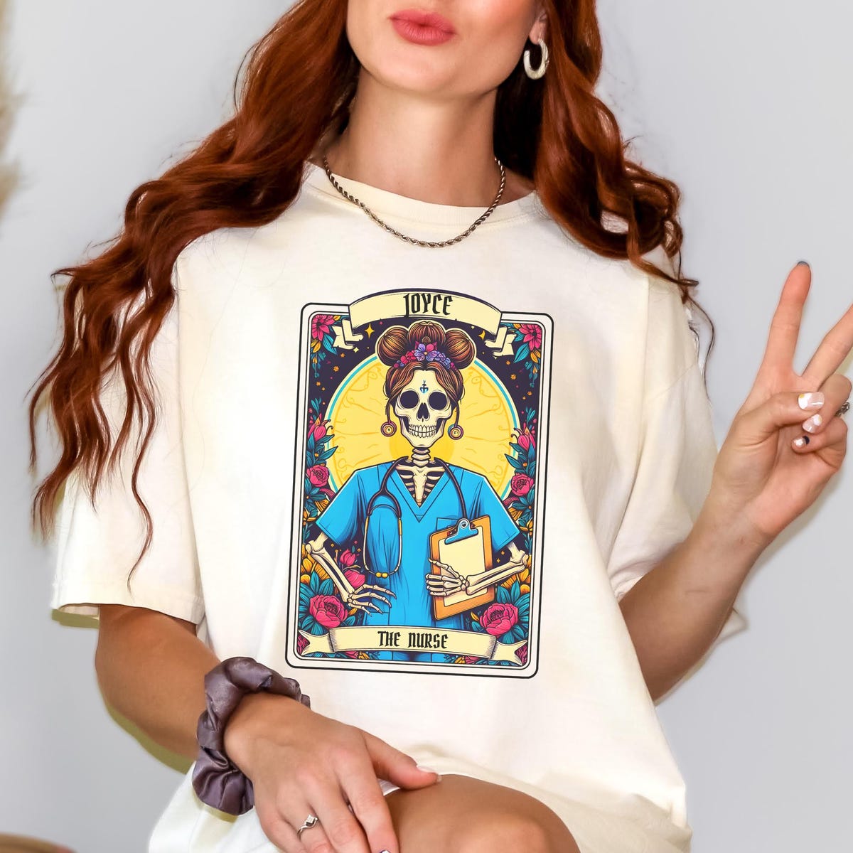 Custom Nurse Tarot Card Shirt, Spooky Skeleton Witch Crew Tee for RNs, ER, Pediatric