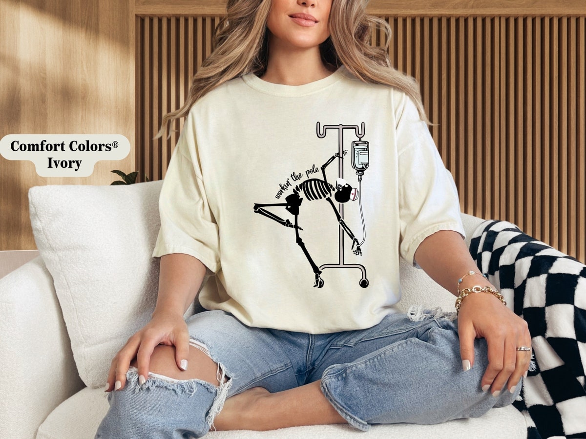 Funny Skeleton Nurse Halloween Shirt, Workin The Pole, Night Shift Nurse Gifts