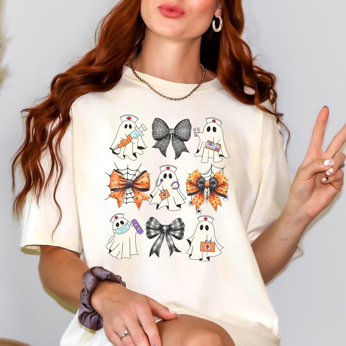 Halloween Nurse Shirt, Custom Ghost & Bows Design for ER, NICU, RN, Oncology