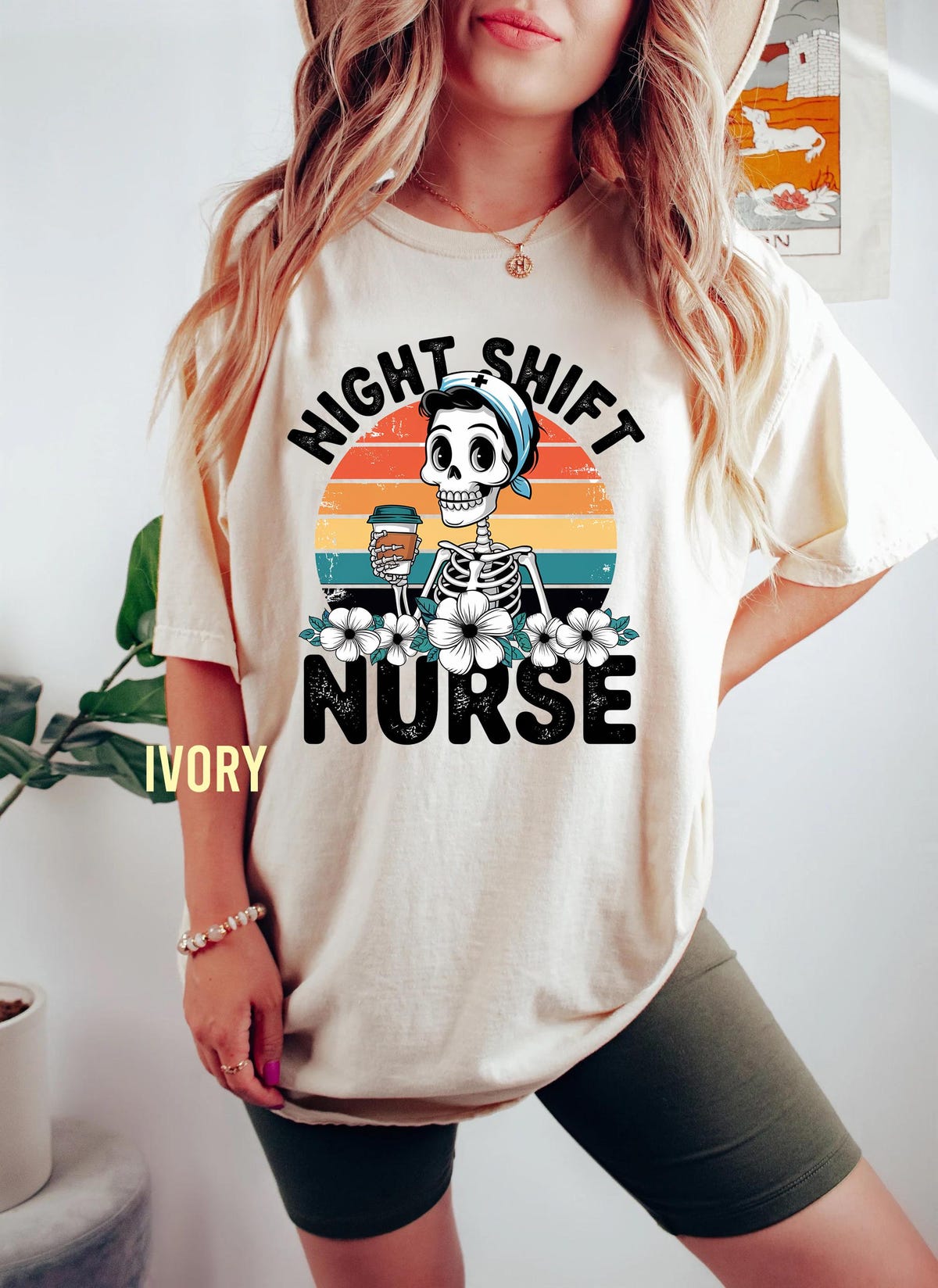 Skeleton Halloween Nurse RN T-Shirt, Funny Night Shift Tee for Women